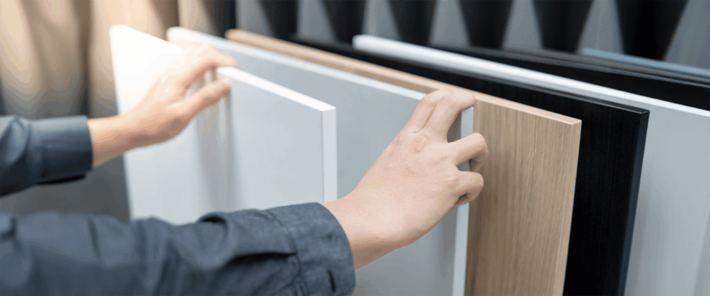 Eine Nahaufnahme von Händen, die sich verschiedene Holzmuster ansehen. Möbel nach Maß | Dekore und griffe