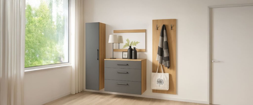 Flurbereicht mit Hängeelemente und Spiegeltafel ausgestattet in der Farbkombination: Korpus und Garderobenpaneel in Artisan Eiche Dekor und Front in Schiefergrau. Typische Flur- und/oder Dielenkombination zum Hängen und Verstauen der Garderobe