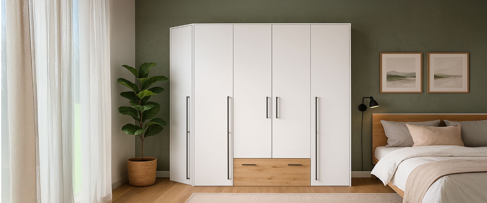 Eine Kleiderschrankkombination in Weiß mit einem großen Schubkasten in Artisan Eiche Nachbildung aus der Serie DeLuxe 19xl