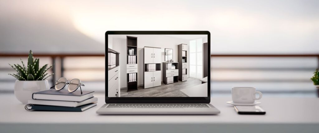 Ein Laptop steht auf einem Tisch. Er ist aufgeklappt und der Betrachter sieht solitär gestellt Büromöbel von Manfred Schlüter aus der Serie Multiflex