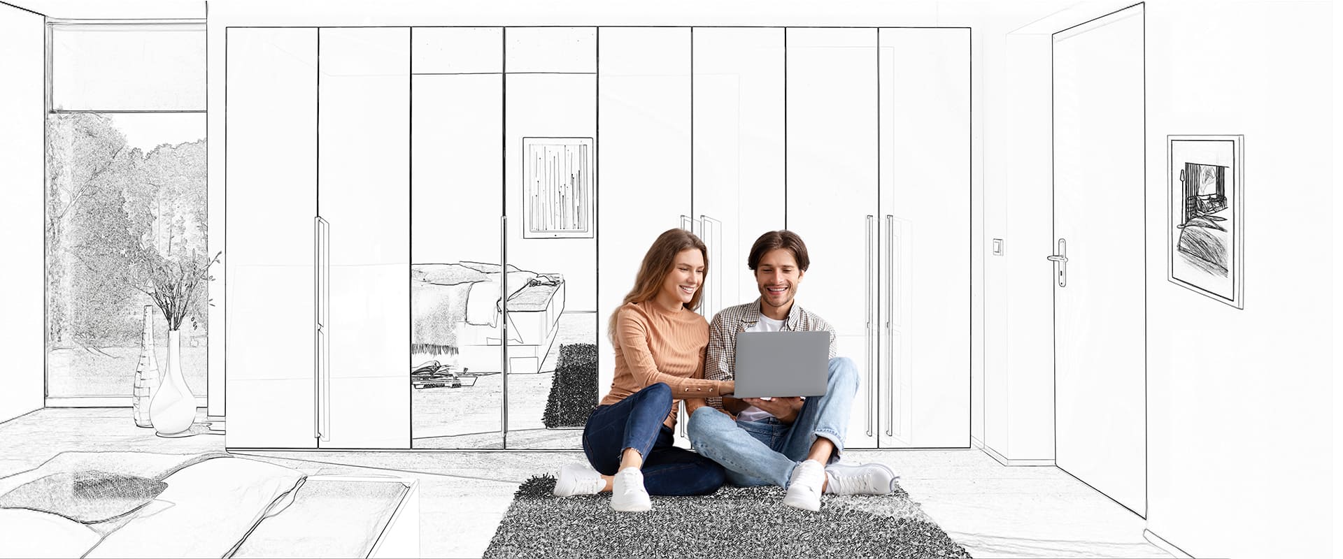 Skizze mit Foto vermischt. Zwei Junge Leute (Foto) sitzen auf dem Boden mit einem Laptop. Drumherum sieht man eine Skizze von einer Kleiderschrankkombination in einem Schlafzimmer.
