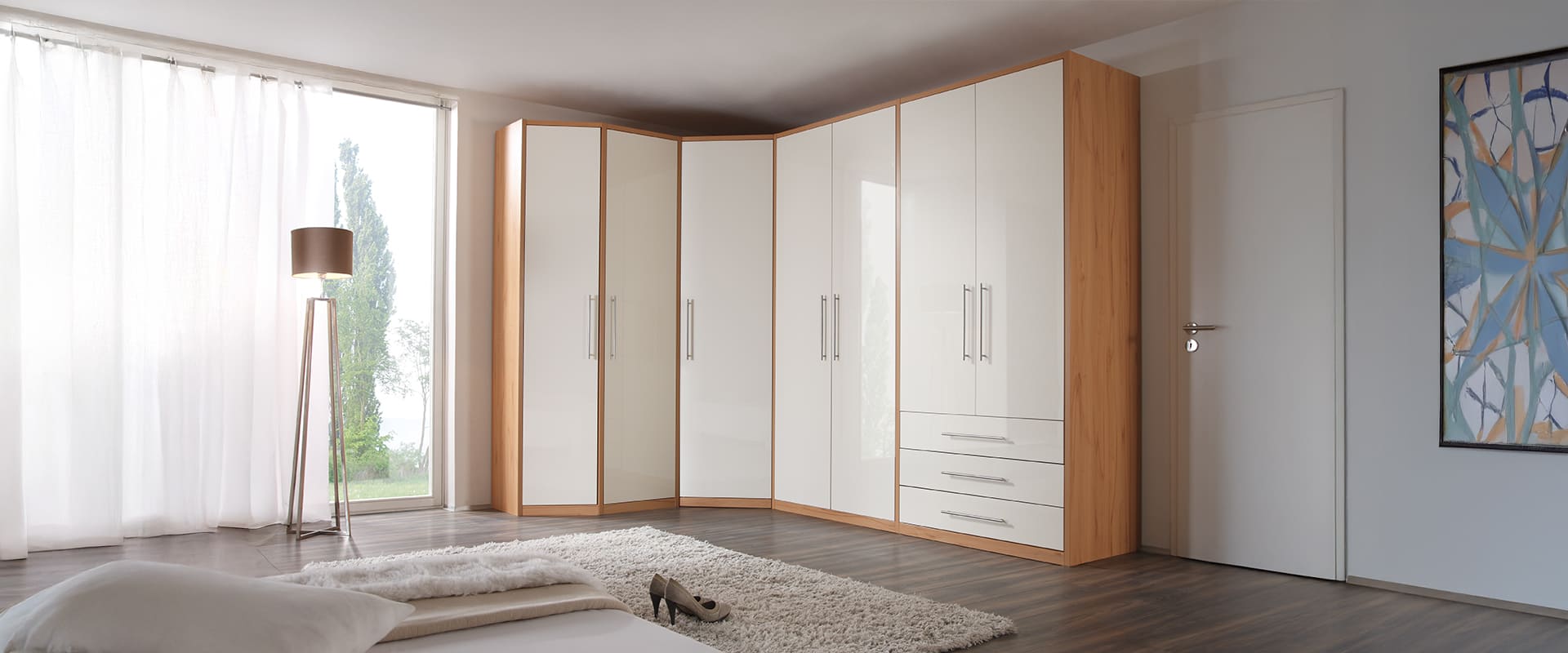 De Luxe Kleiderschrank Kombination über Ecke in Korpus Artisan Eiche Dekor und Front in Hochglanz weiß