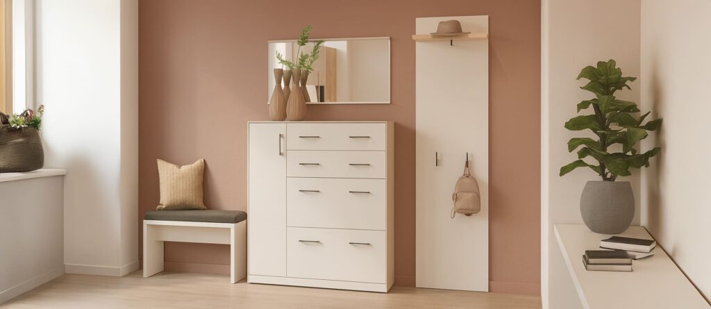 Flur Kommode mit Tür und Schubkästen in Korpus Artisan Eiche Dekor und Front in weiß aus der Serie NEXT