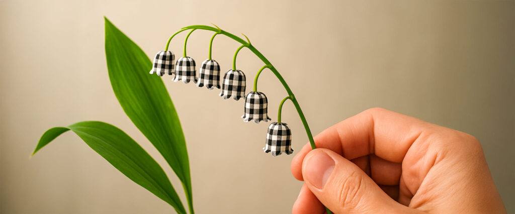 Eine Hand hält ein karriertes Maiglöckchen in der Hand. Das Foto wurde mit der KI erzeugt und spiegelt viele Extra-Wünsche möglich wider. Heißt: individuelle Anfertigungen möglich - auch karrierte Maiglöckchen.