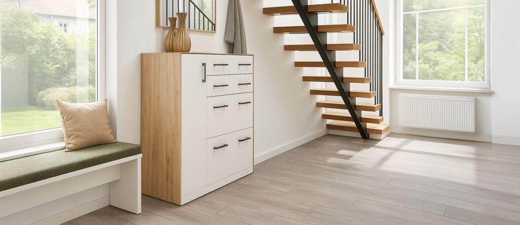 Flur Kommode mit Tür und Schubkästen in Korpus Artisan Eiche Dekor und Front in weiß aus der Serie NEXT