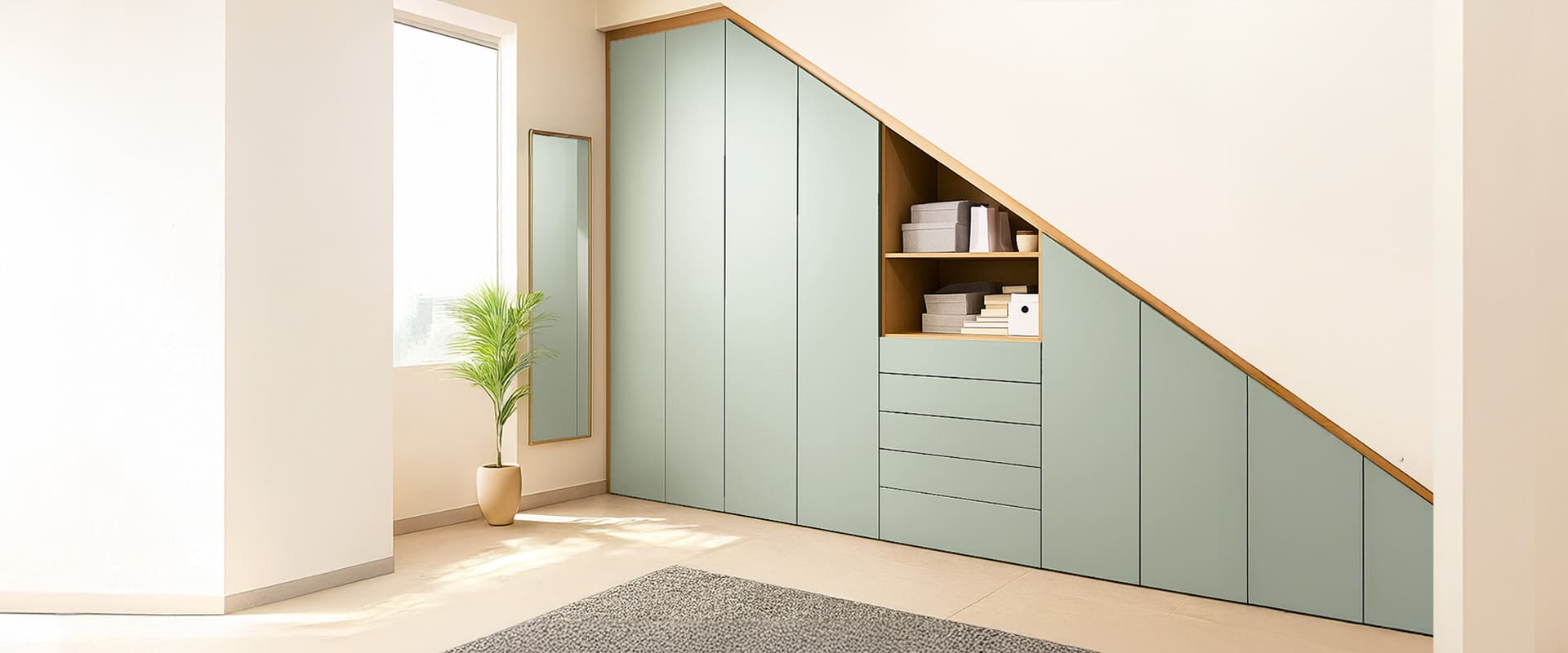 Kleiderschränke nach Maß gefertigt in der Farbe Salbeigrün Schlichtes Zimmer mit einem Dachschrägeneinbau mit der Farbe SALBEI grün exklusiv für Fronten.