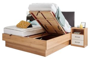 Doppelbett Studio mit stoffbezogenem Kopfteil und einer Nachtkonsole DeLuxe und mit einem Lift-Lattenrahmen mit Gasdruckfedern