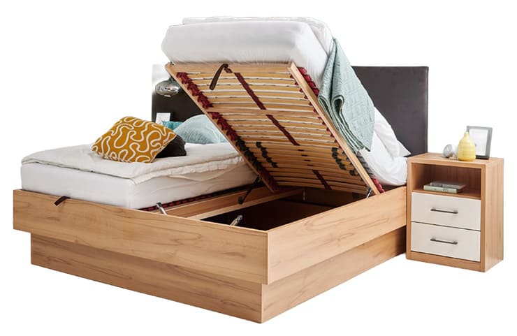 Doppelbett Studio mit stoffbezogenem Kopfteil und einer Nachtkonsole DeLuxe und mit einem Lift-Lattenrahmen mit Gasdruckfedern