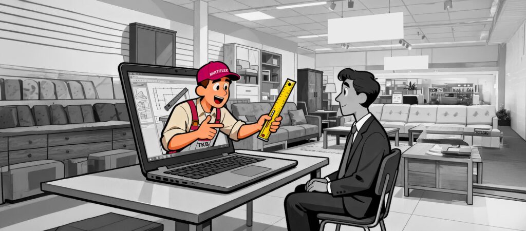 Vorschaubild für das Thema Problemlöser. Ein Arbeiter schaut aus einem Laptop und berät einen Mann am Schreibtisch.