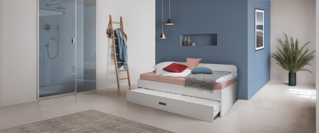 Umbaubett Combi-Duo mit Matratze. Einzelbett, wo man vorne eine zweite Liegeflächenhälfte ausziehen kann.