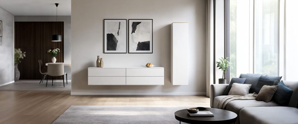Wohnzimmermöbel: Ein breites niedriges Hängeelment bestehen aus vier Schubkästen und einem schmalen hohen Element mit einer Tür