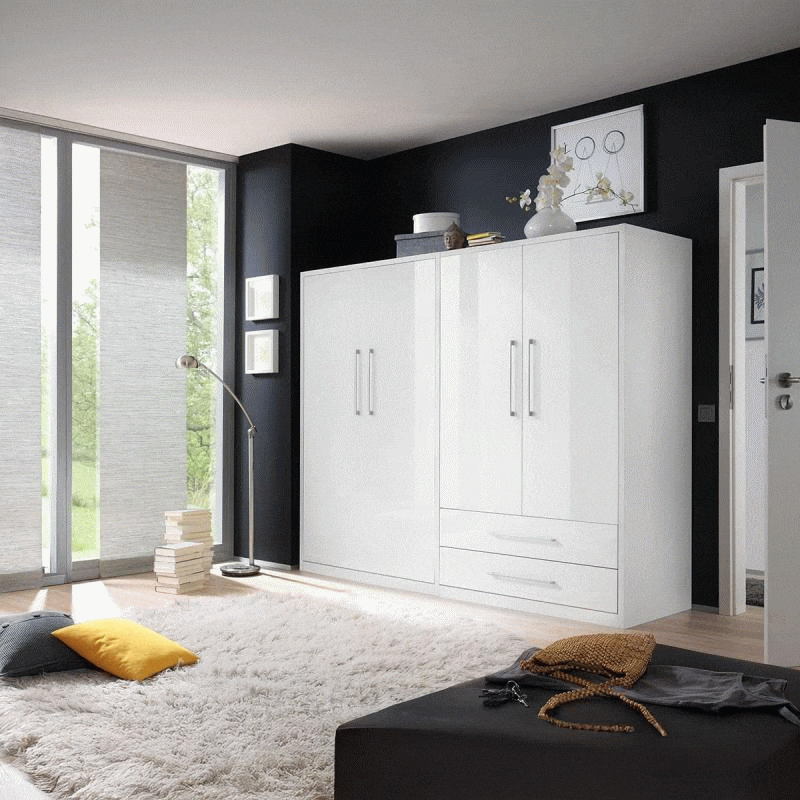 Wandklappbett "Hoch" mit Front in Hochglanz weiß, Bett geöffnet Bett auf und zu