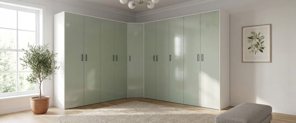 Eckwand Schlafzimmer mit weißem Korpus und salbeigrüner Front