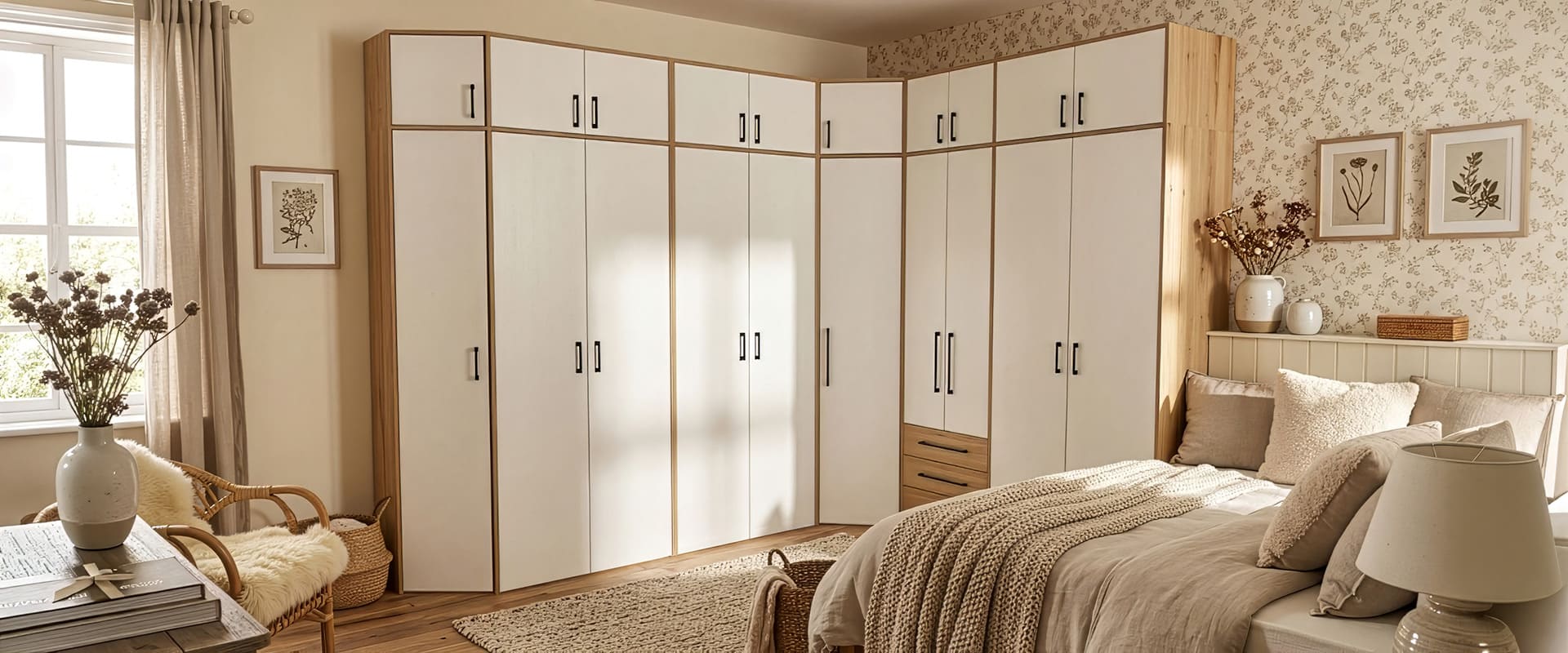 Schlafzimmer im Retro Look mit Korpus in Artisan Eiche und Front in weiß