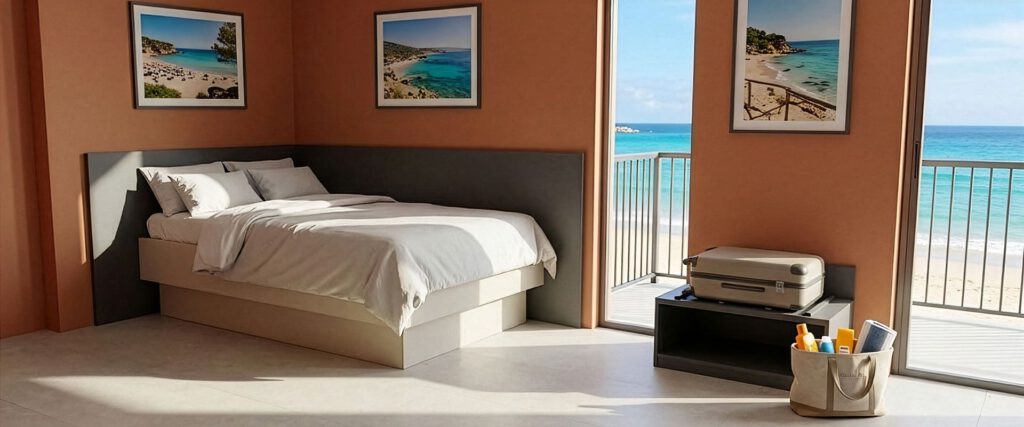 Hotelzimmer am Meer mit Studio Bett und schiefergrauer Paneelrückwand über Eck hinter dem Bett. Eine Kofferablage ist auch noch zu sehen.