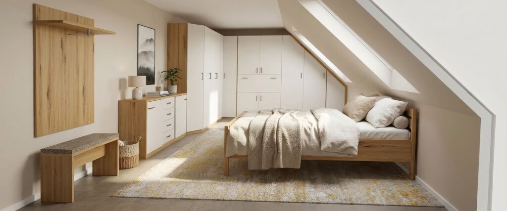 komplettes Schlafzimmer unter dem Dach