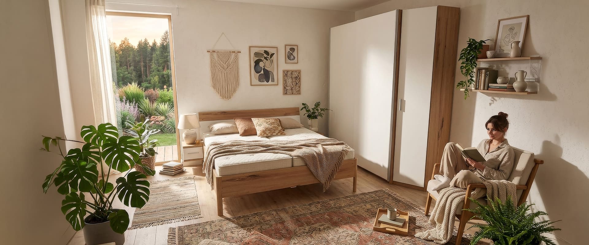 Schlafzimmer bestehend aus Bett mit Schiebetürenschrank und abgeschrägtem Schrank