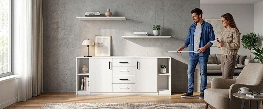 Wohnzimmer: Kommode mit zwei offenen Regalen und durchgehendem Abdeckblatt