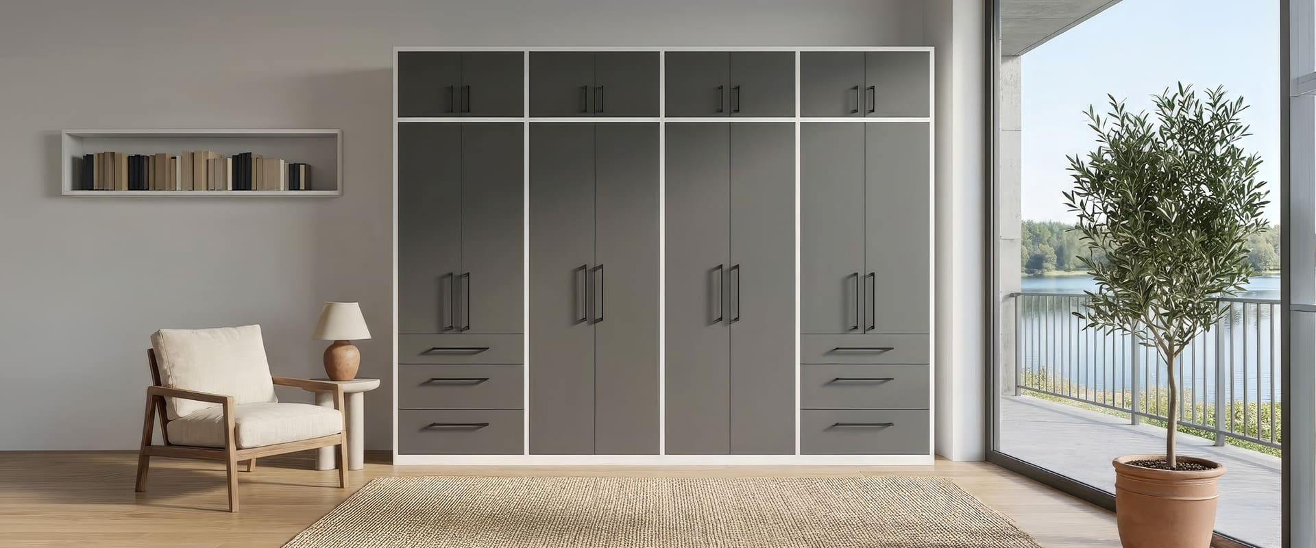 Schrankreiche. Korpus weiß Dekor und Front in Schiefergrau