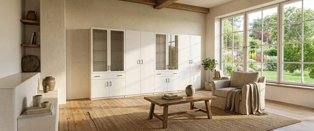 Wohnzimmer im Country Style mit weißer Wohnwand