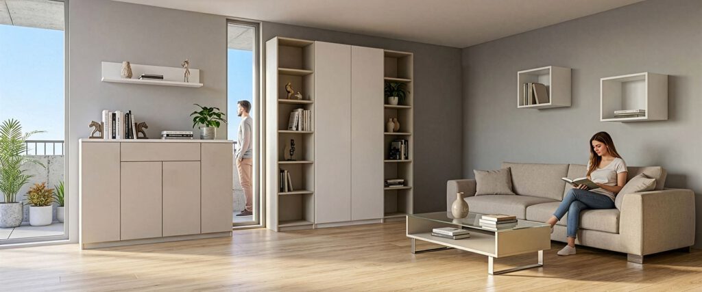 Wohnzimmereinrichtung mit Sideboard, Hängeregal und hohen Wohnelementen