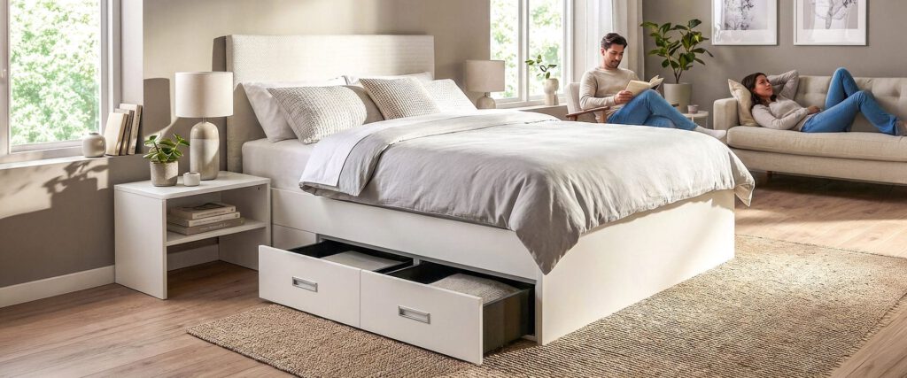 Combi Box Bett mit 2 Bettkästen für viel Stauraum unter dem Bett