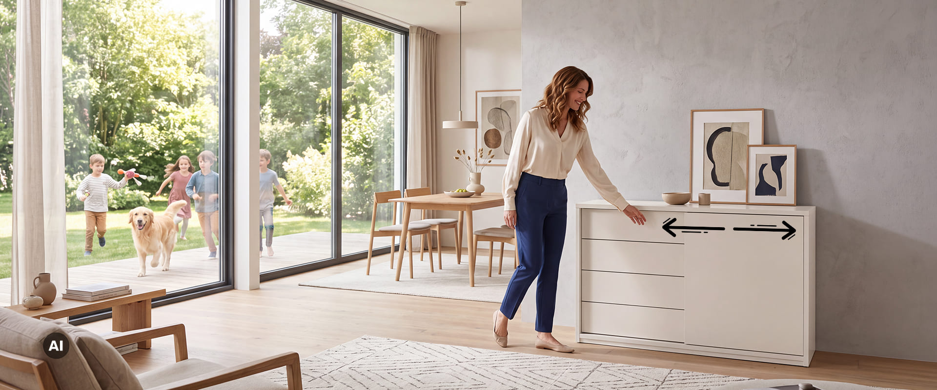 Sideboard mit push-to-move im wohnzimmer Griffloses Sideboard mit push to open bzw. push to move